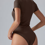 OQQ Women's Crew Neck Short Sleeve Bodysuit Ruched Stretch Vacation Basic for Tops Spring & Summer Darkbrown