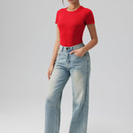 OQQ Women's Crew Neck Short Sleeve Bodysuit Ruched Stretch Vacation Basic for Tops Spring & Summer Red
