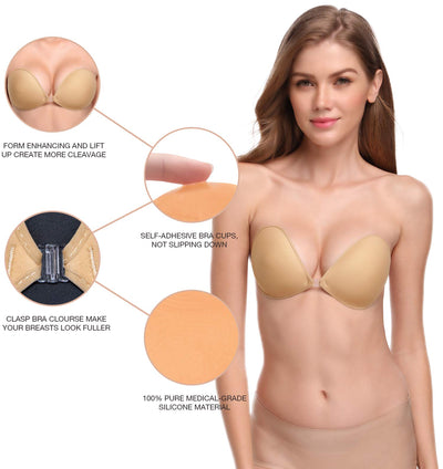 Wingslove Adhesive Bra Reusable Strapless Self Silicone Push-up Invisible Sticky Bras for Backless Dress (Beige,B)