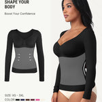 FeelinGirl Tummy Control Shapewear Compression Shirt Women Long Sleeve Shapewear Top Slimming Body Shaper V Neck Black Large