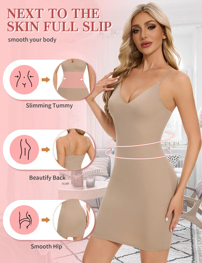SLIMBELLE Shapewear Slips For Under Dress Deep V Neck Adjustable Strap Tummy Control Full Slip Seamless Shaper For Women Nude M