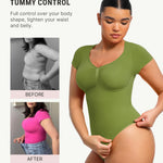 FeelinGirl Seamless Shapewear Bodysuit V Neck Short Sleeve Thong Body Suit for Going Out Green Bodysuit Women Tummy Control Olive Green S