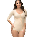 Isavela High Back Body Suit Off Center Front Hook and Eye Closure Panty Length With Sleeves (BB11) (MD, Beige)