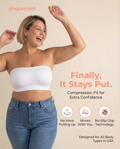 SHAPERMINT Strapless Bra, Wireless Non-Slip Bandeau, Convertible Straps, Molded Strapless Bras for Women S to Large Breasts White