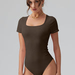OQQ Women Bodysuits Ruched Short Sleeve Square Neck Stretch Lounge Travel Bodysuits Darkbrown