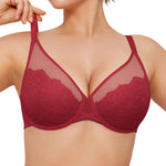 Popilush Minimizer Bra for Women 38DDD Full Bust & Back Smoothing, Full Coverage Everyday Underwire Lace Bra - Red Lacquer Color