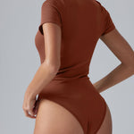 OQQ Women's Crew Neck Short Sleeve Bodysuit Ruched Stretch Vacation Basic for Tops Spring & Summer Caramel