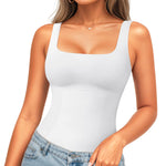 LODAY Compression Tank Tops for Women Shapewear Tummy Control Body Shaper Square Neck Camisole Tops(White,Small)