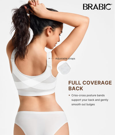 BRABIC Front Closure Bras for Women Compression Surgical Bra No Underwire Full Coverage Wireless Bralette, White, M