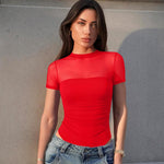 OQQ Women Short Sleeve Bodysuit Tummy Control Shapewear Mesh One Piece Leotard Shirts Going Out Tops
