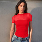OQQ Women Short Sleeve Bodysuit Tummy Control Shapewear Mesh One Piece Leotard Shirts Going Out Tops Red