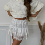 Sunloudy Women Lace Half Slip Skirt Elastic Low Waist Ruffle Pleated Underskirt Layered Flowy Mini Short Streetwear (White, S)