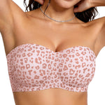 OEAK Womens Strapless Bras Jelly Push Up Bandeau Bra Non Slip Wireless Supportive Padded Bras Seamless Comfortable Tube Bra Leopard Pink M