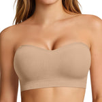 OEAK Supportive Strapless Bras for Women Push Up Wireless Bandeau Bra Non Slip Seamless Bras Comfortable Padded Bralette Sand M