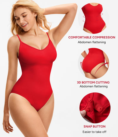 Nebility Red Bodysuit for Women Tummy Control Shapewear Body Suits V Neck Seamless Body Shaper