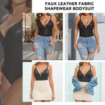 SHAPERIN Women's Deep V Neck Faux Leather Corset Bodysuit Tummy Control Shapewear Thong Body Shaper Plunge Cami Top