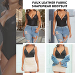 SHAPERIN Women's Deep V Neck Faux Leather Corset Bodysuit Tummy Control Shapewear Thong Body Shaper Plunge Cami Top (Medium,Black)