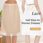 Lovasy 2 Pieces Half Slips for Women Long Underskirt Anti Static Satin Under Skirt with Floral Lace Trim Slip Dress for Skirts Dresses White & Nude,Medium