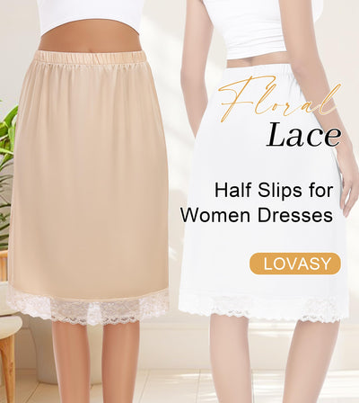 Lovasy 2 Pieces Half Slips for Women Long Underskirt Anti Static Satin Under Skirt with Floral Lace Trim Slip Dress for Skirts Dresses White & Nude,Medium
