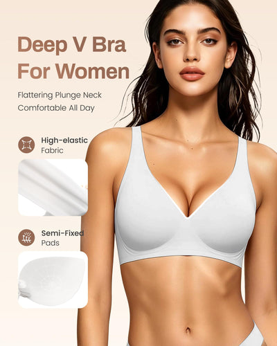 Gailife Deep V Jelly Bras for Women No Underwire Wireless Seamless Push Up Bra Comfort Support Plunge Bralette Full Coverage -WT,L White