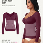 FeelinGirl Long Sleeve Compression Shirts for Women Shapewear Tummy Control Slimming Body Shaper V Neck Top Burgundy X-Large