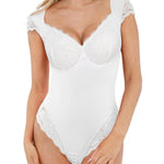 Popilush Lace Bodysuit White Lace Top Body Suits for Womens Tummy Control V Neck Holiday Party Date Night Outfit Thong Body Shaper