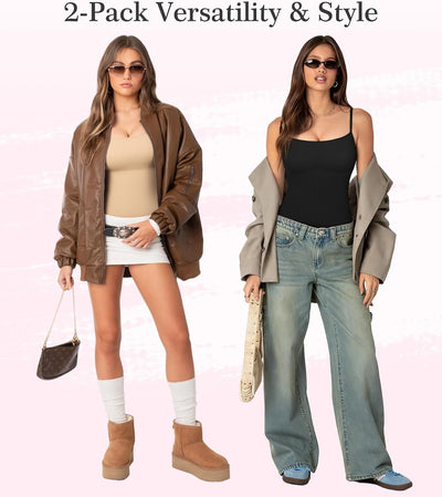Irisnaya 2-Pack Shapewear Bodysuits for Women Tummy Control Body Suit | Two colors and a square neckline suit work or nights out. Adjustable straps and a hook-and-eye gusset add convenience.