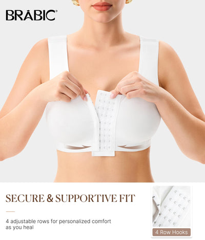 BRABIC Women Front Closure Post Surgery Compression Everyday Bras for Mastectomy Support with Adjustable Straps Wirefree (Medium, White)