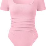 OQQ Women Bodysuits Ruched Short Sleeve Square Neck Stretch Lounge Travel Bodysuits