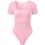 OQQ Women Bodysuits Ruched Short Sleeve Square Neck Stretch Lounge Travel Bodysuits Pink bean paste