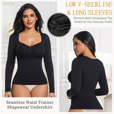 ONEW Shapewear Tummy Control Long Sleeve Shirts For Women Seamless V Neck Compression Shirt Slimming Body Shaper,Black,Medium