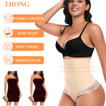 Werena Tummy Control Thong Shapewear for Women High Waisted Body Shaper Shaping Thong Girdle Novelty Hipster Panties(04# High Rise Lace Beige(smoothing),Medium)