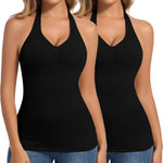 JOYSHAPER Shapewear Camisole With Built In Bra Compression Halter Tops for Women Tummy Control Shapewear Tank Top Padded Bras Black+Black S