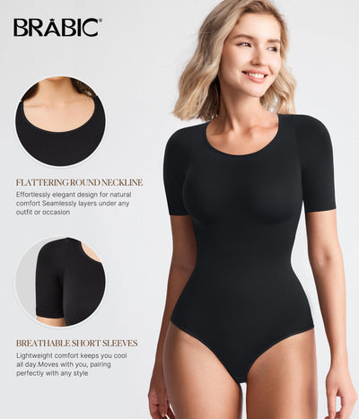 BRABIC Womens Bodysuit Shapewear for Tummy Control Seamless Sleeveless Tank Tops Body Shaper (Black Short Sleeve, Large)