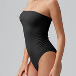 OQQ Womens Tube Bodysuits Strapless Basic Sleeveless Ruched Stretch Classic-Fit Tops Sexy Bodysuits Black