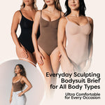 herslims Faja Bodysuit for Women, Tummy Control Shapewear, Seamless Sculpting Body Shaper with Snatched Waist and Power Mesh Tummy Panel, Brief, Thong, or Mid-Thigh Cut, Beige Brief L/XL
