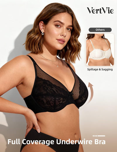 Vertvie Minimizer Bras for Women Full Coverage Underwire Supportive Bra Plus Size Lift Unlined Lace Bralette for Large Bust(Black,36DD)