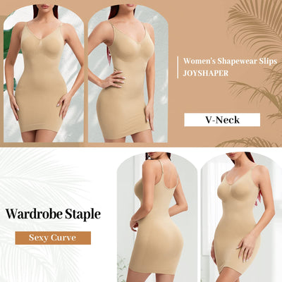 JOYSHAPER Shapewear Dress for Women Tummy Control V Neck Full Slips Under Dresses Body Shaper With Spaghetti Strap Beige