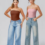 OQQ Womens Tube Bodysuits Strapless Basic Sleeveless Ruched Stretch Classic-Fit Tops Sexy Bodysuits Caramel