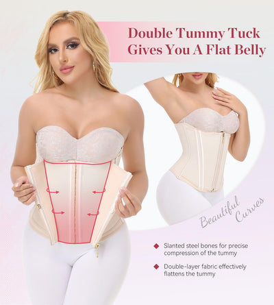 SHAPSHE Waist Trainer for Women Tummy Control Workout Sports Girdle Body Shaper with Zipper Hooks Beige XS