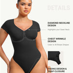 FeelinGirl Women's Shapewear Bodysuit Daily Wear Bodysuit V Neck Short Sleeve Seamless Shapewear for Office And Casual Outfits Black M