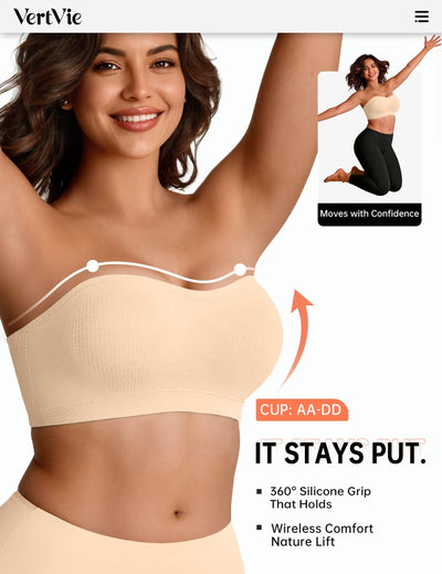 Vertvie Strapless Bra Wireless Non-Slip Push Up Bandeau Bras for Women Full Support Tube Tops Padded Bralette S-Large Breasts(Beige,Medium)