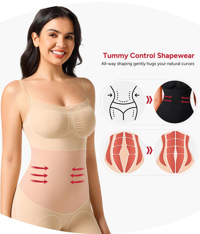 Nebility Shapewear Bodysuits for Women Tummy Control Body Shaper Seamless Waist Trainer Lace Body Suit(Beige,Small)