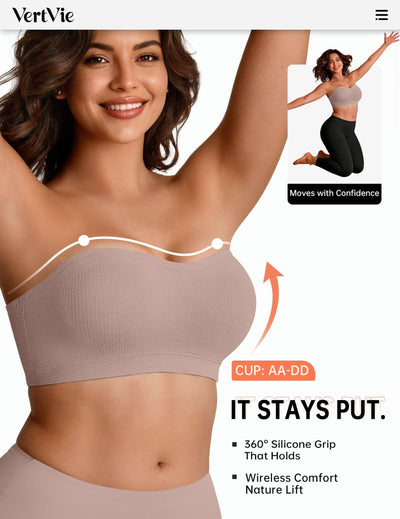 Vertvie Strapless Bra Wireless Non-Slip Push Up Bandeau Bras for Women Full Support Tube Tops Padded Bralette S-Large Breasts(Grey,Medium)
