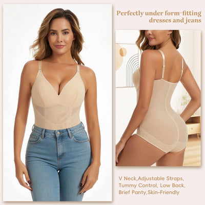 JOYSHAPER Shapewear Bodysuit V Neck Body Shaper for Women Tummy Control Shapewear Under Dress Body Faja Body Suit With Adjustable Straps Nude L