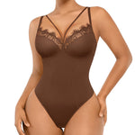 SHAPELLX Lace Bodysuit for Women Tummy Control Thong Shapewear Waist Sculpting Shaper (Brown, X-Large)