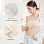 ONEW Strapless Bandeau Bras for Women Seamless Wireless Tube Top Non-Padded Bralette with Clear Bra Straps,Beige,Large