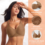 Seamless Jelly Padded Bras for Women No Underwire Full Coverage Supportive Push Up Gel Bra Wireless Low Cut Soft Bralettes(A1#Brown(v Neck),Medium)