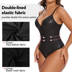 SHAPERIN Women's Deep V Neck Faux Leather Corset Bodysuit Tummy Control Shapewear Thong Body Shaper Plunge Cami Top (Medium,Black)