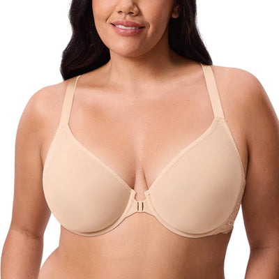 DELIMIRA Women's Front Closure Bras Racerback Sheer See Through Full Coverage Plus Size Underwire Unlined Bra Beige 36DD